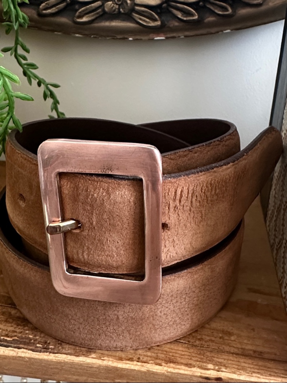 Curium Barcelona Suede Belt with Rectangular Copper Tone Buckle. Size Medium